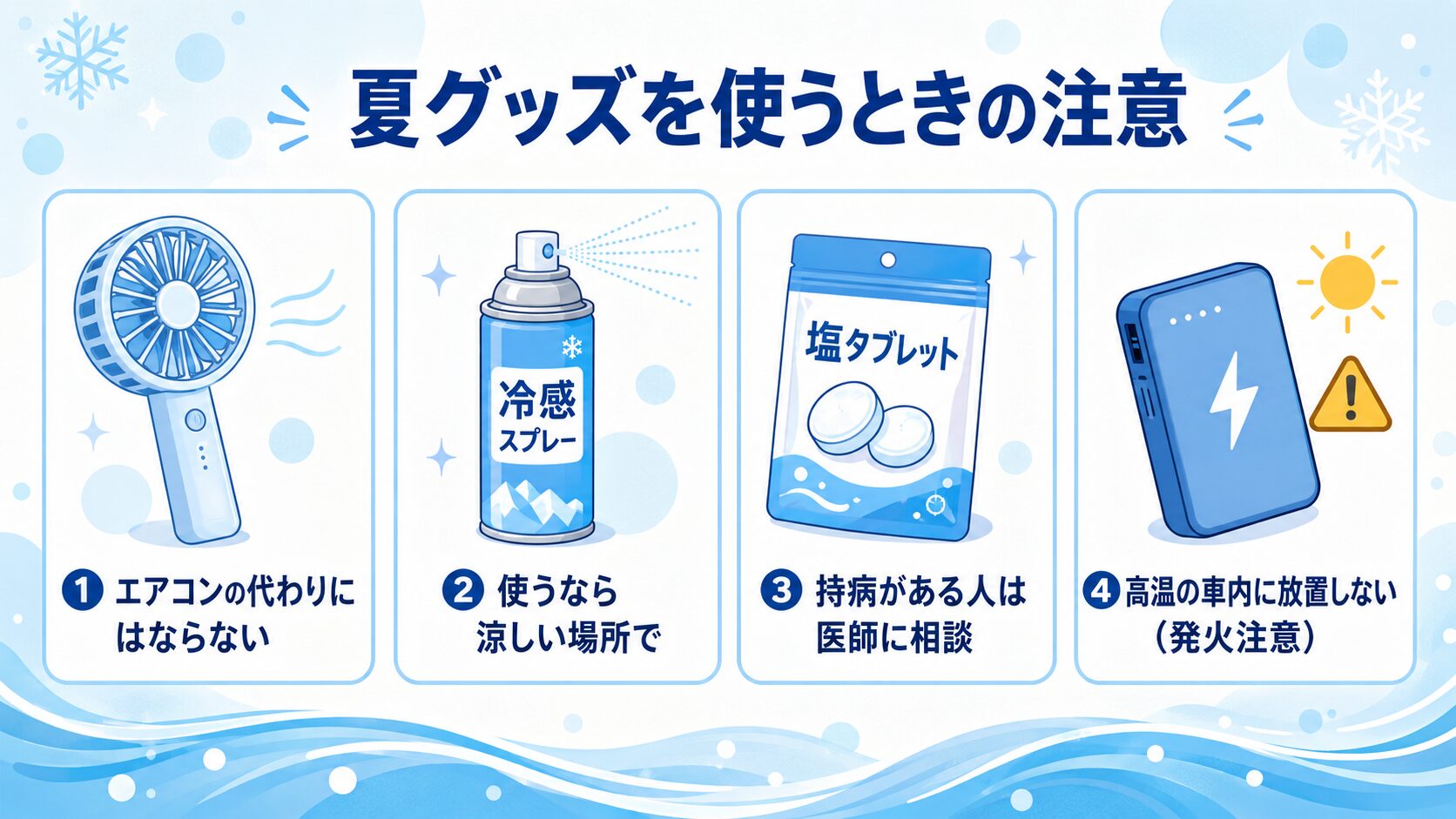 夏の暑さ対策グッズを使うときの注意。携帯扇風機はエアコンの代わりにならない/冷感スプレーは涼しい場所で/塩タブレットは持病がある人は医師に相談/バッテリーは高温の車内に放置しない(発火注意)