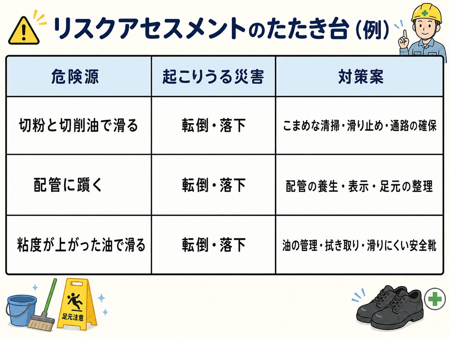 リスクアセスメントのたたき台の例:危険源・起こりうる災害・対策案の表