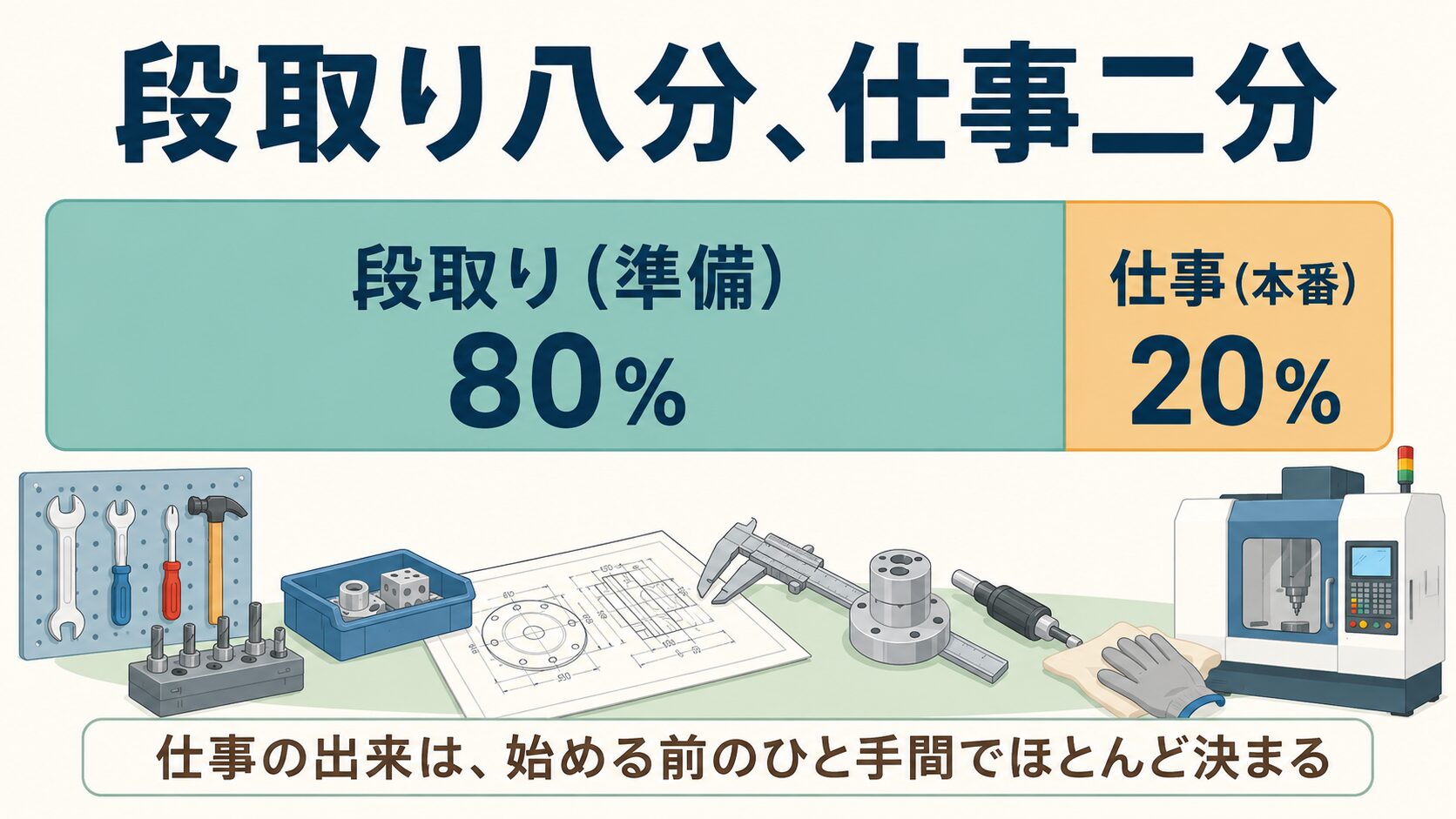 段取り八分、仕事二分の図解。仕事の出来は段取り(準備)が8割、本番の仕事が2割
