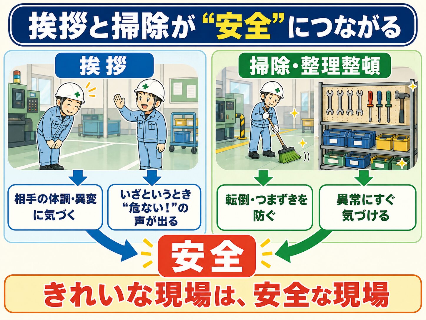 挨拶と掃除が安全につながる流れを左右2列で示したインフォグラフィック。左列の挨拶は「相手の体調・異変に気づく」「危ない!の声が出る」へ、右列の掃除・整理整頓は「転倒・つまずきを防ぐ」「異常にすぐ気づける」へつながり、ともに中央の「安全」へ集約。最下部に「きれいな現場は、安全な現場」