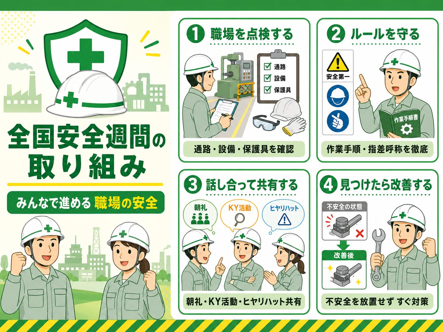 全国安全週間でやることの図解(職場の点検・ルール遵守・朝礼やKY活動とヒヤリハット共有・見つけたら改善)