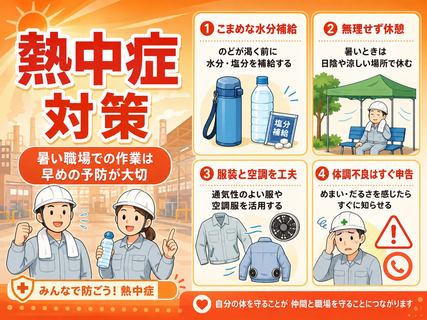 現場でできる熱中症対策の図解(水分・休憩・服装と空調・体調不良はすぐ申告)