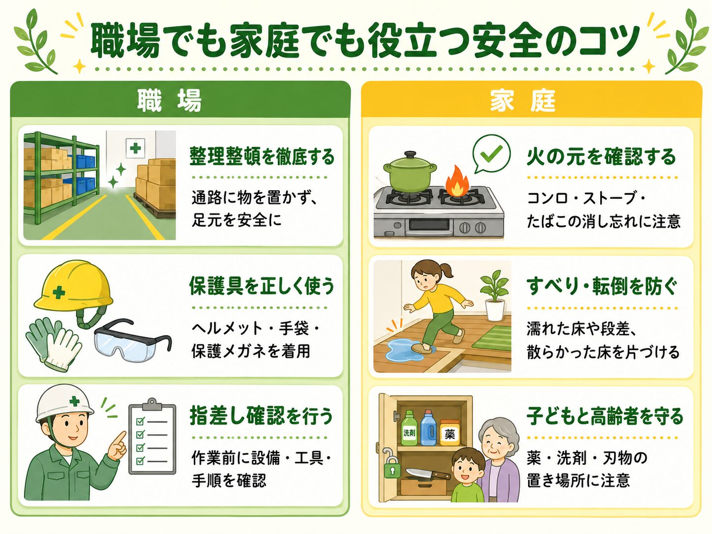 職場でも家庭でも役立つ安全のコツ(整理整頓・保護具・指差し確認/火の元・転倒防止・子どもと高齢者)