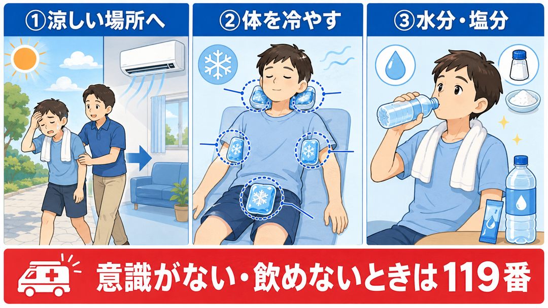 熱中症を疑ったときの応急処置3ステップ(涼しい場所へ/体を冷やす/水分・塩分、意識がない・飲めないときは119番)の図解