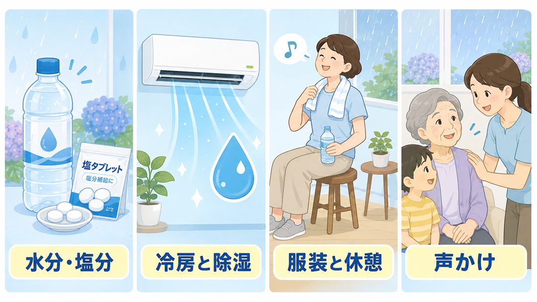 梅雨の熱中症対策4つ(水分・塩分/冷房と除湿/服装と休憩/声かけ)の図解
