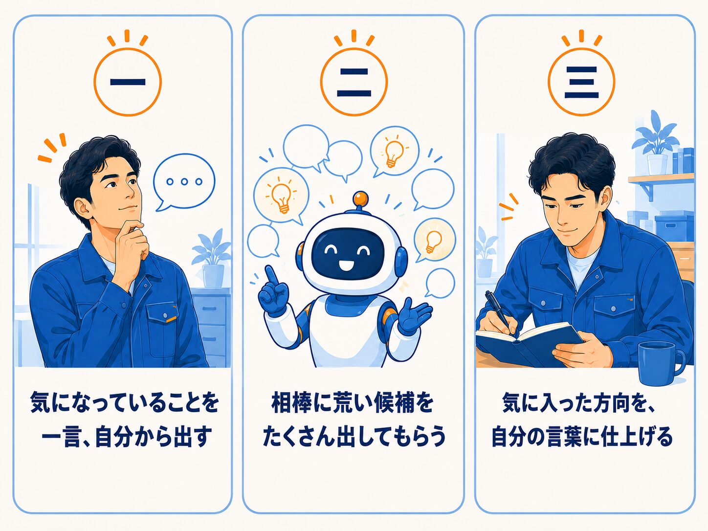 相棒と安全標語を作る三つの手順を示す図解