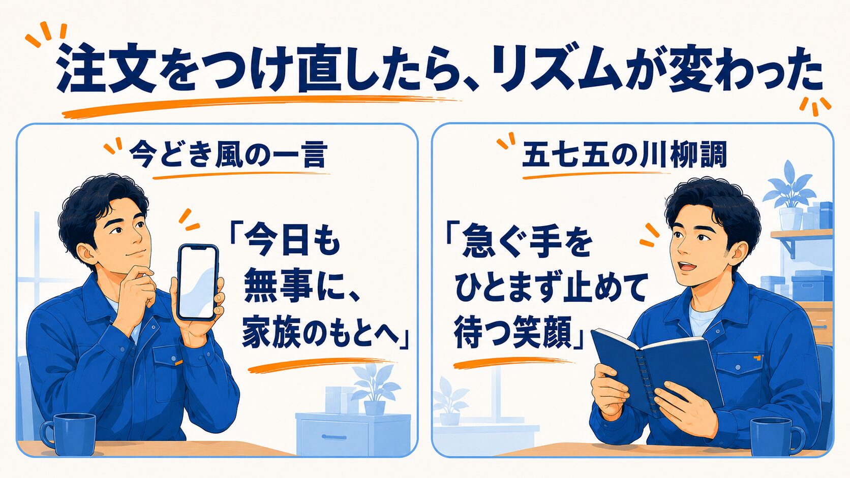 今どき風の一言と五七五の川柳調を比べる図解