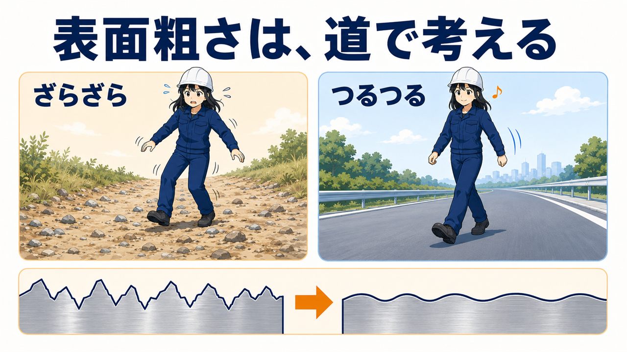表面粗さのイメージ図解。砂利道と舗装路の対比で金属表面の山と谷を説明