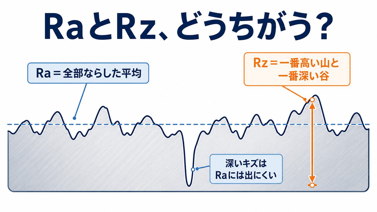 RaとRzの違いの図解。Raは山と谷をならした平均、Rzは一番高い山と一番深い谷