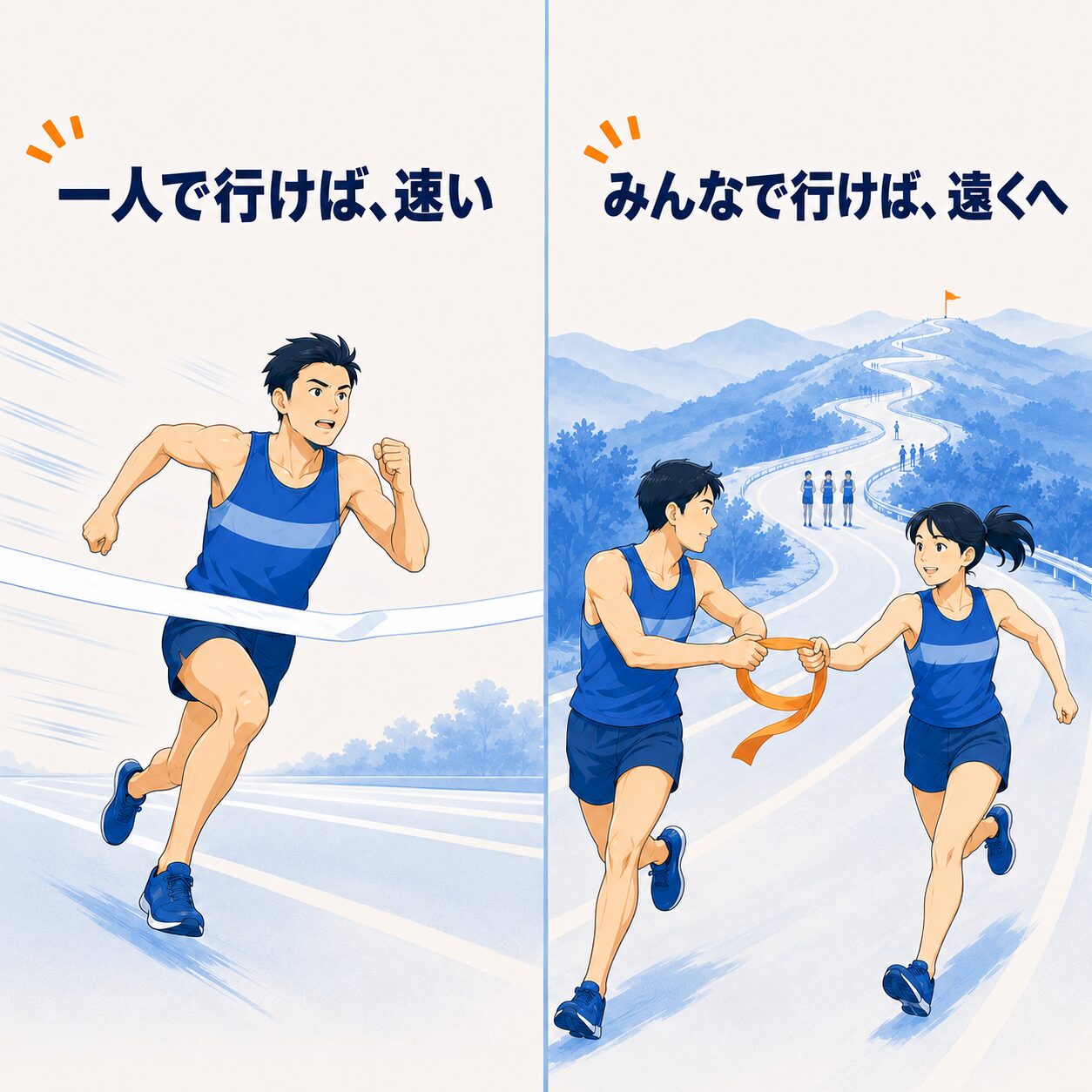 短距離走で一人が速く走る場面と、駅伝でタスキをつなぎ遠くまで走る場面の対比イラスト