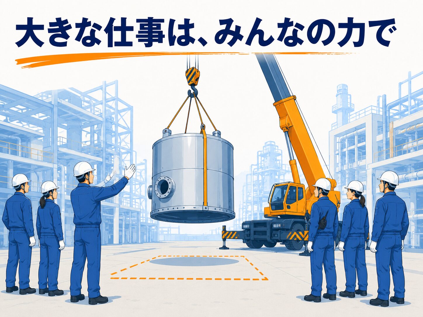 クレーンで重量物を吊り上げる据え付け工事で、複数の作業員が吊り荷から離れて協力しているイラスト