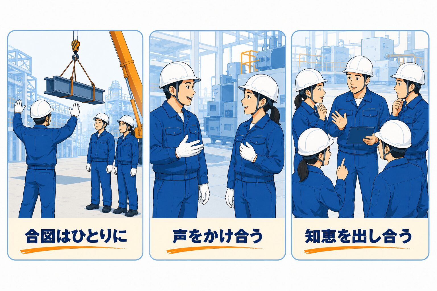 合図はひとりに、声をかけ合う、知恵を出し合うの3つの場面を並べたイラスト