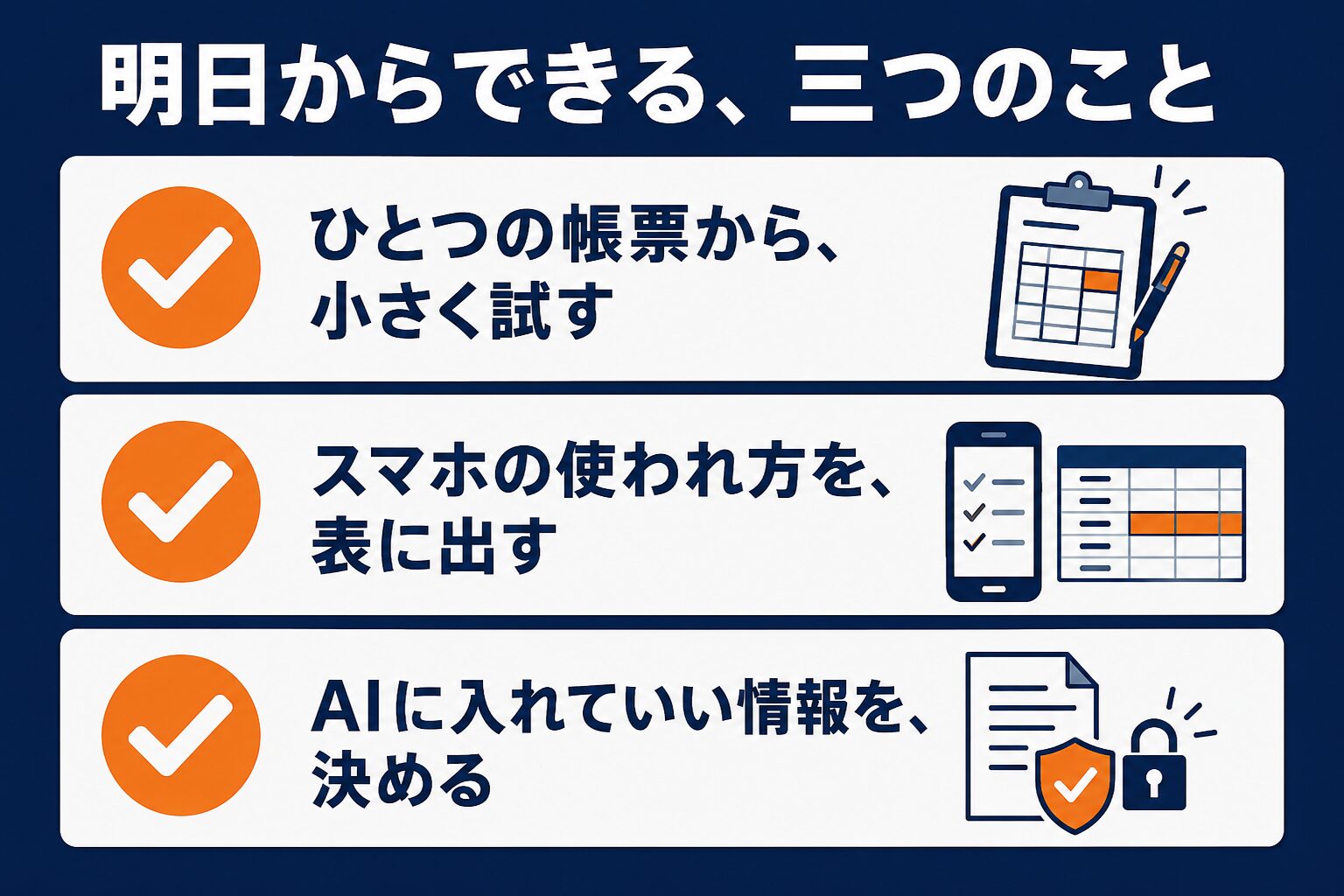 明日からできる三つのこと。帳票ひとつで小さく試す、スマホの使われ方を表に出す、AIに入れていい情報を決める