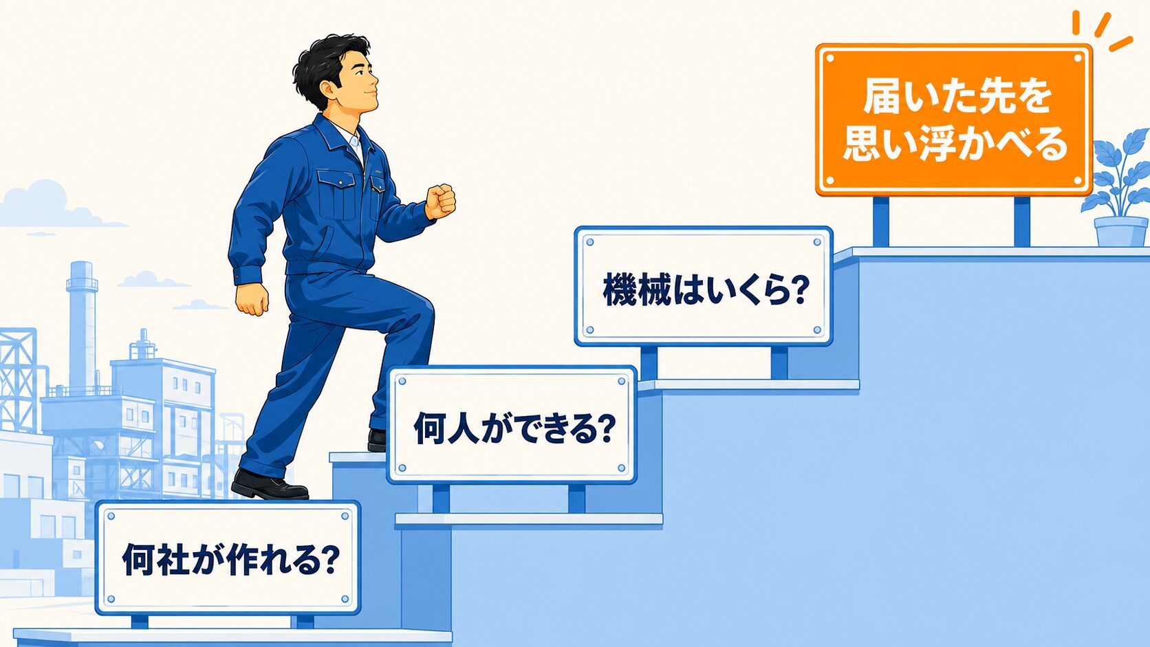 考え方の階段を上る作業員のイラスト。何社が作れる、何人ができる、機械はいくら、届いた先を思い浮かべる、の四段階