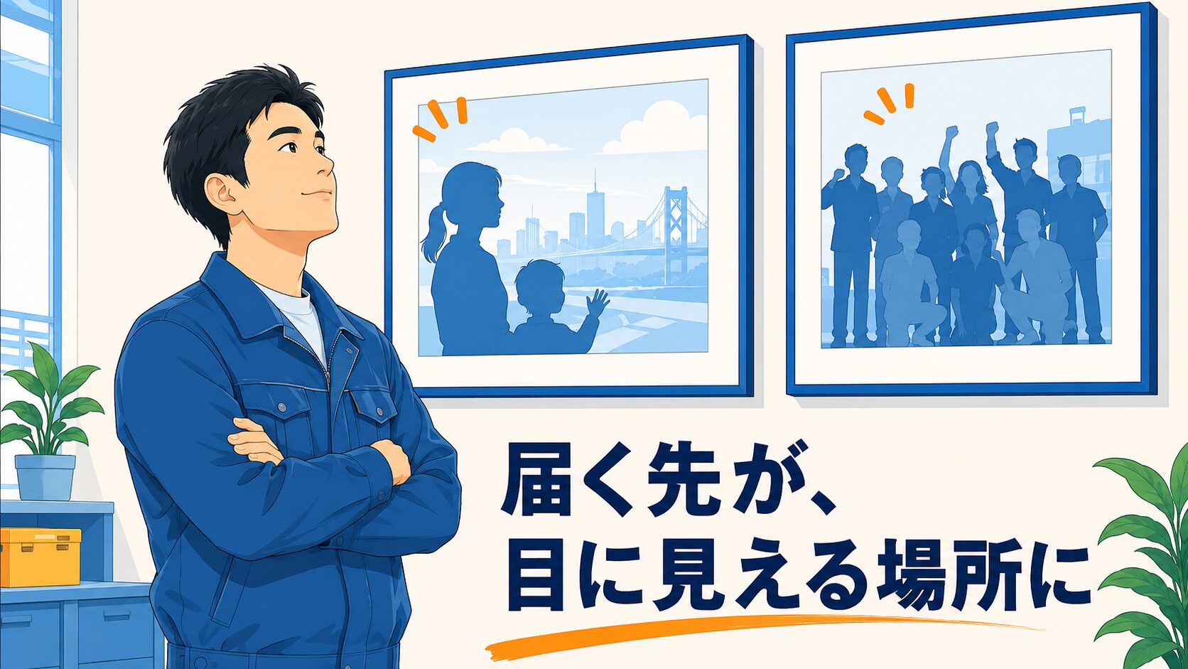 職場の壁に飾られた、届いた先の風景と記念写真のイメージイラスト