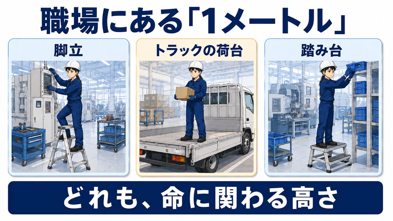 職場にある1メートルの図解。脚立・トラックの荷台・踏み台、どれも命に関わる高さ