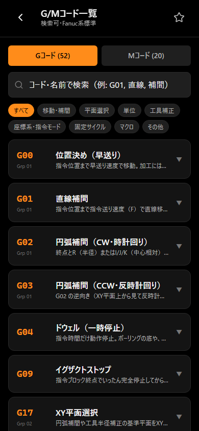 NC手帖お試し版のG/Mコード一覧画面(サンプルデータ)
