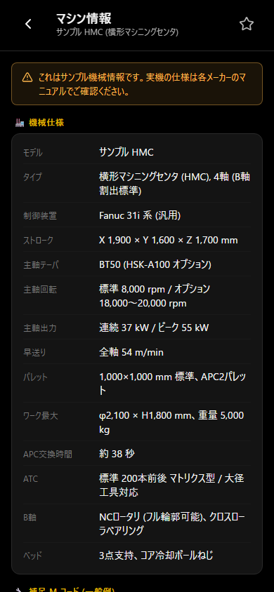 NC手帖お試し版のマシン情報画面(サンプルデータ)