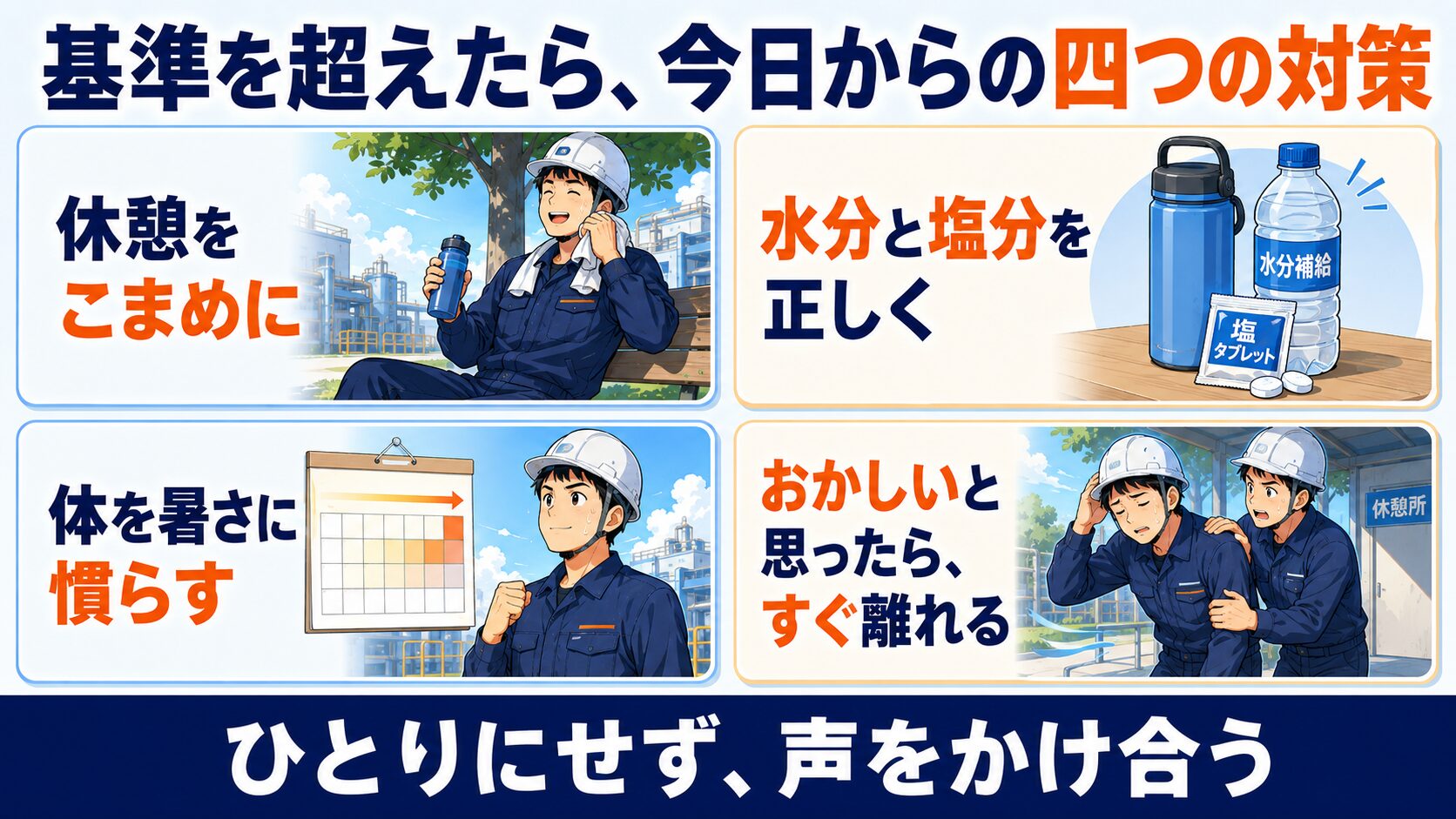 基準を超えたら今日からの四つの対策(休憩をこまめに・水分と塩分を正しく・体を暑さに慣らす・おかしいと思ったらすぐ離れる)。ひとりにせず声をかけ合う