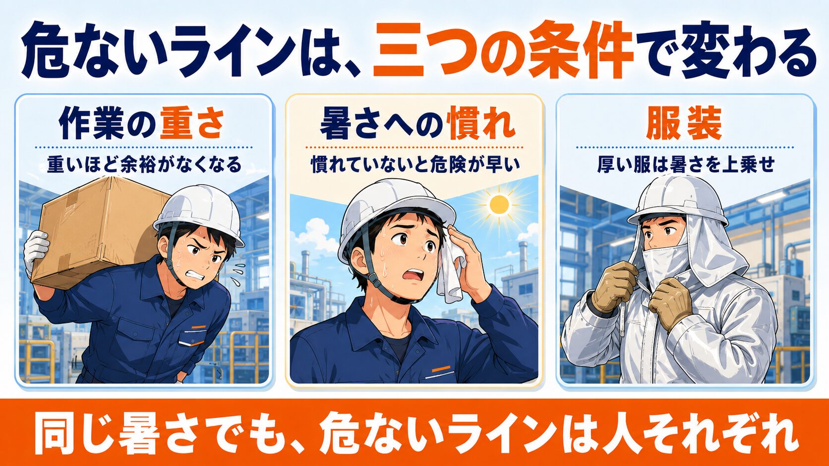 危ないラインは三つの条件で変わる(作業の重さ・暑さへの慣れ・服装)。同じ暑さでも危ないラインは人それぞれ