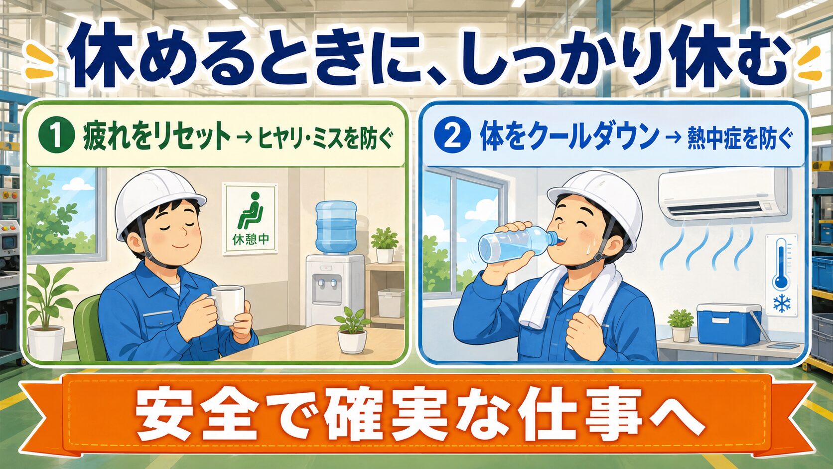 「休む」ことも立派な安全対策の図解。休憩で①疲れをリセットし注意力を戻してヒヤリ・ミスを防ぐ、②体の熱をクールダウンして熱中症を防ぐ。だから安全で確実な仕事につながる。