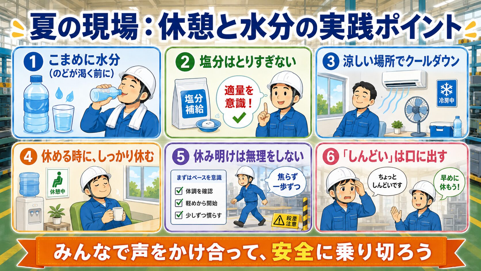 夏の現場の休憩と水分の実践ポイント6つ。こまめな水分(0.1〜0.2%の塩分を20〜30分ごとにコップ1〜2杯)、塩分の摂りすぎ注意、涼しい場所でクールダウン、休める時に休む、休み明けは無理しない、しんどいは口に出す。