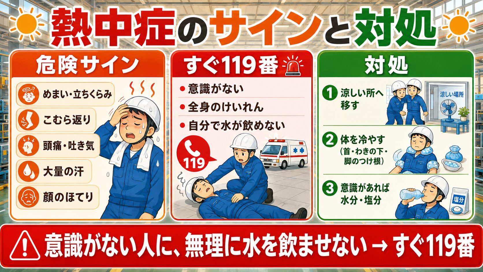 熱中症の危険サインと対処の図解。めまい・こむら返り・大量の汗などのサイン、意識障害や自力で水が飲めない時はすぐ119番、涼しい所で体を冷やす、意識がない人に無理に水を飲ませない注意、2025年の義務化。