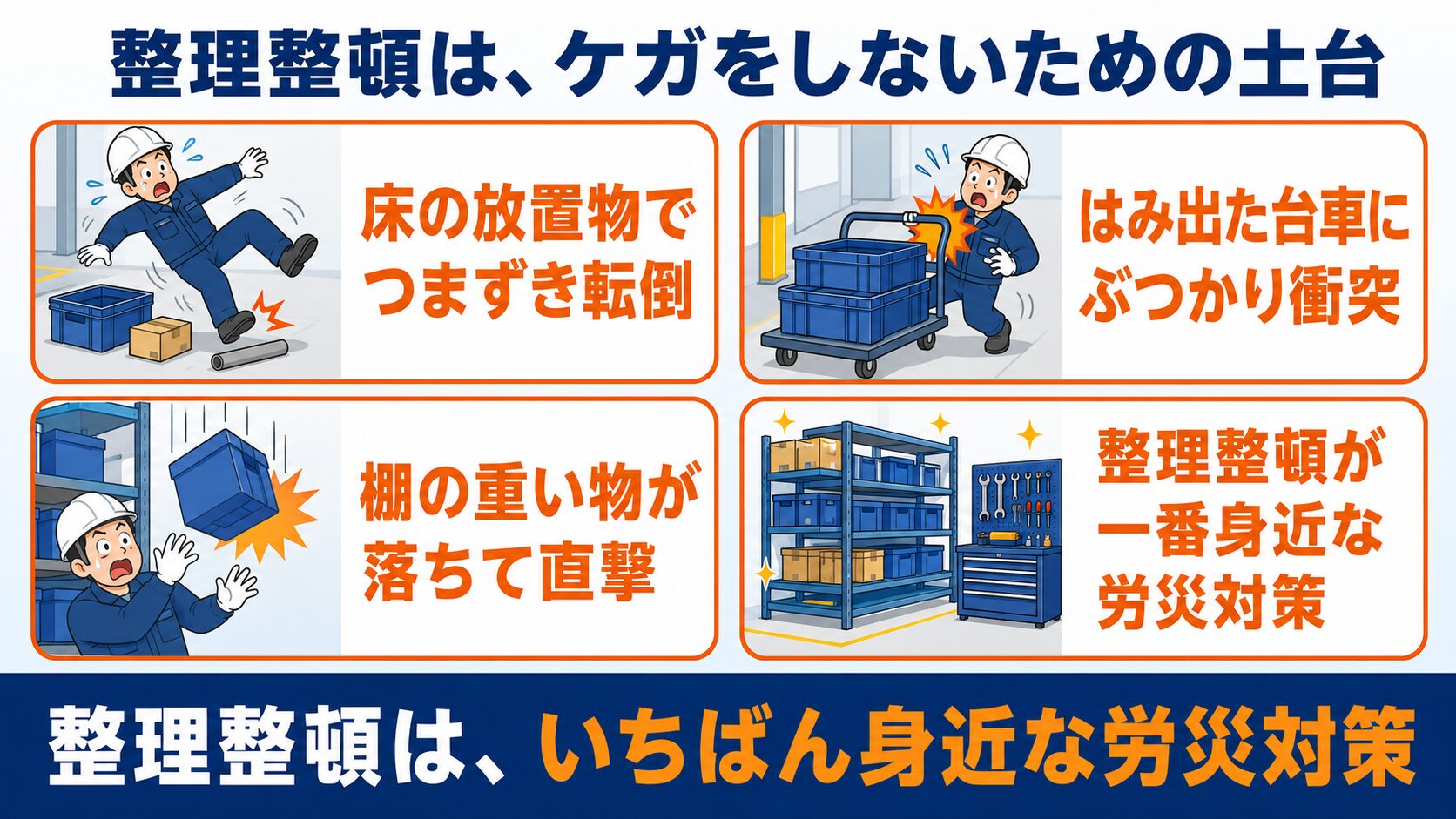 床に物を置きっぱなしにして転倒する例、通路にはみ出た台車にぶつかる例、棚の重い物が落ちてくる例という三つの労災リスクを示し、整理整頓が身近な労災対策になることを伝えるインフォグラフィック