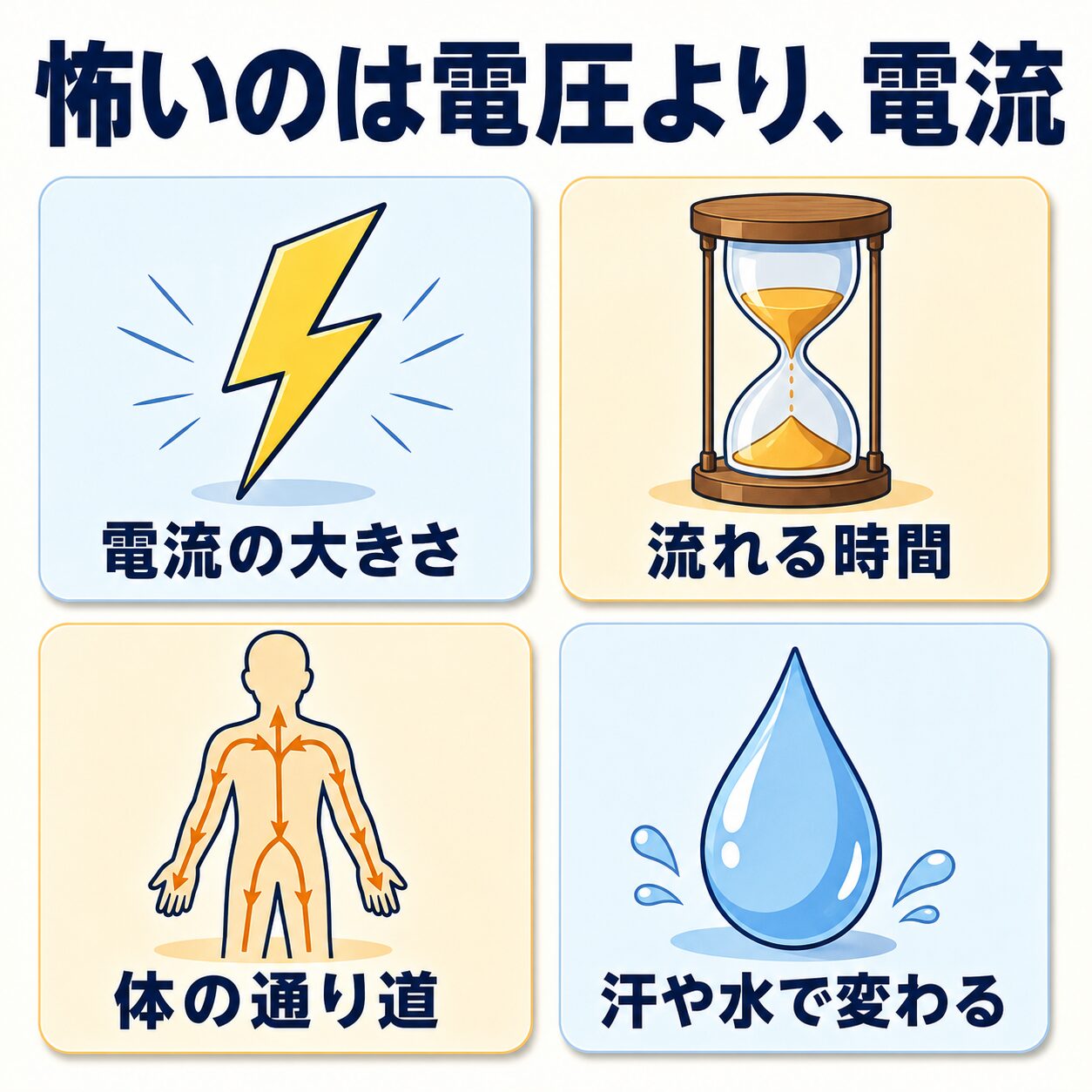 怖いのは電圧より電流の図解。感電の危険度を決める4つの要素、電流の大きさ・流れる時間・体の通り道・汗や水で変わる