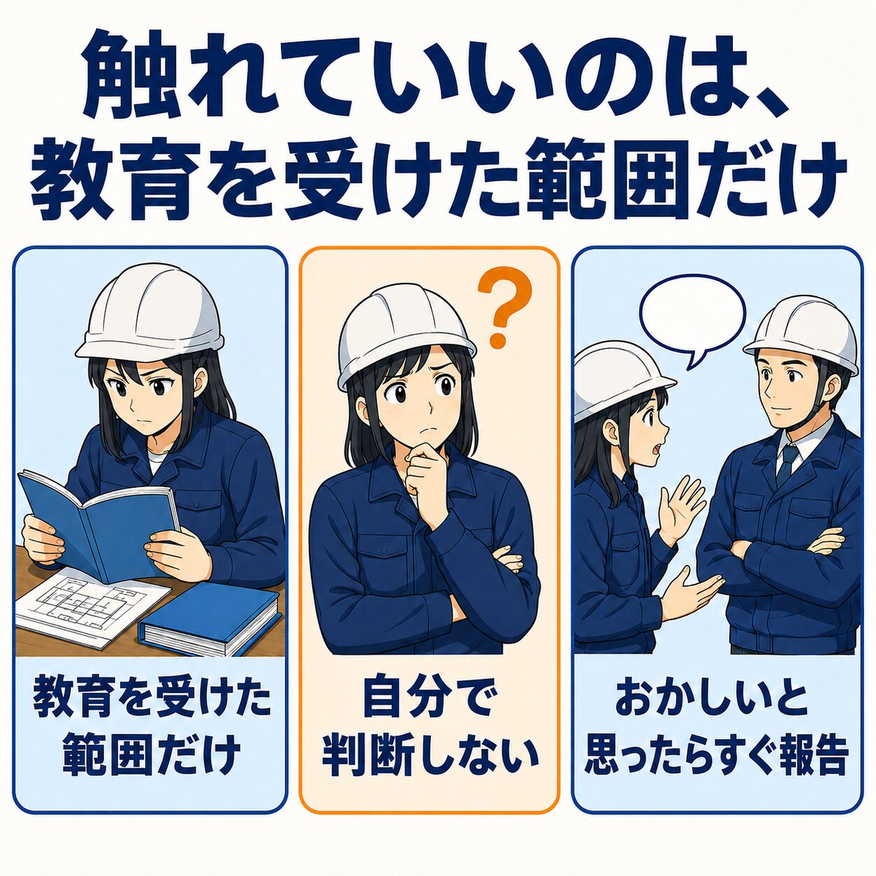 触れていいのは教育を受けた範囲だけの図解。教育を受けた範囲だけ・自分で判断しない・おかしいと思ったらすぐ報告