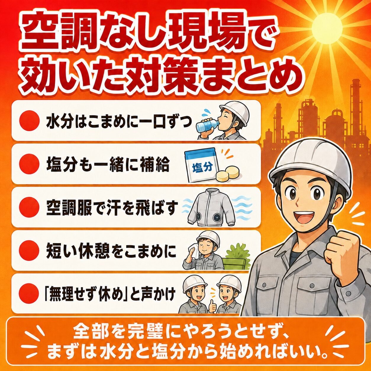 空調なし現場で効いた熱中症対策まとめの図解(水分・塩分・空調服・休憩・声かけ)