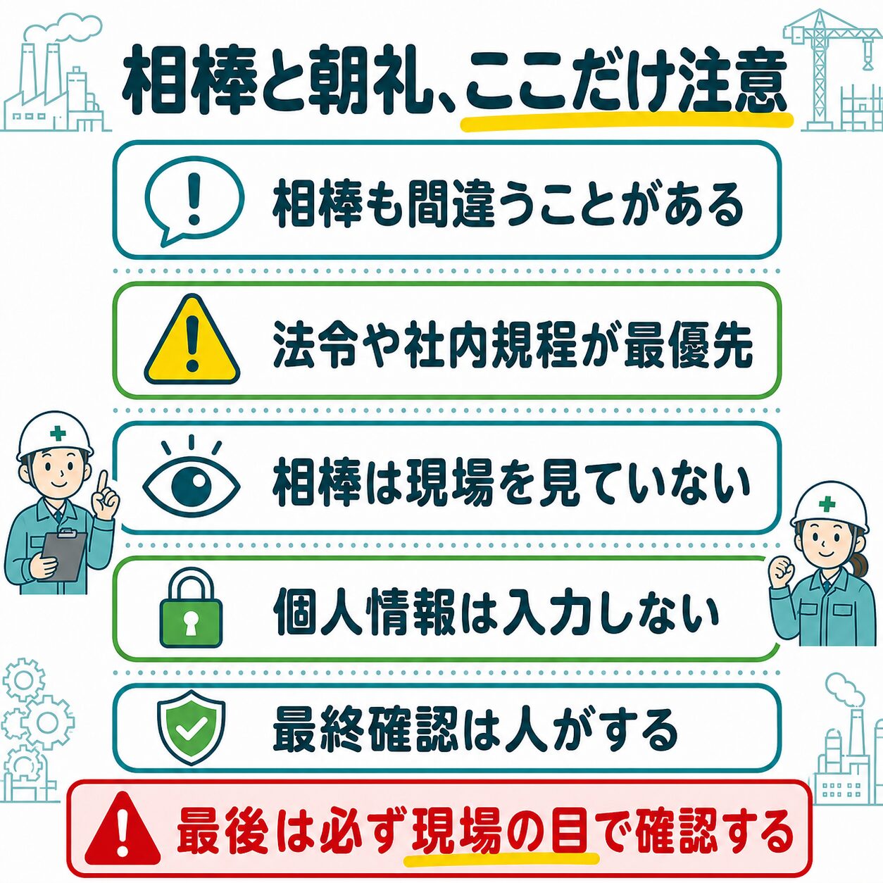 朝礼で相棒(AI)を使うときの注意点をまとめた正方形の図解。相棒も間違うことがある、法令や社内規程が最優先、相棒は現場を見ていない、個人情報は入力しない、最終確認は人がする、の五項目がチェックリスト状に並んでいる。下段に「最後は必ず現場の目で確認する」という一文。