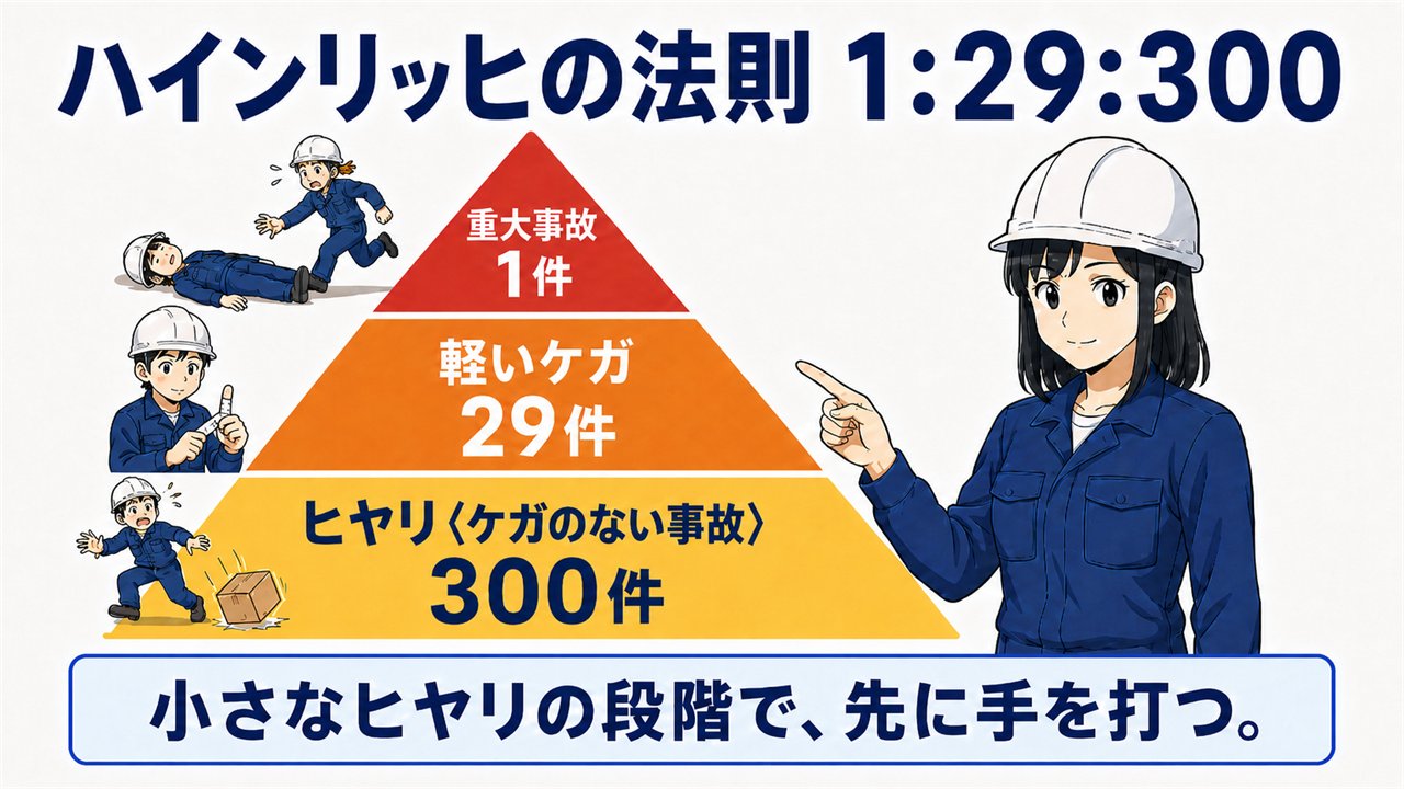 ハインリッヒの法則の図解。1件の重大事故の背後に29件の軽いケガ、その背後に300件のヒヤリ(ケガのない事故)があるとされる