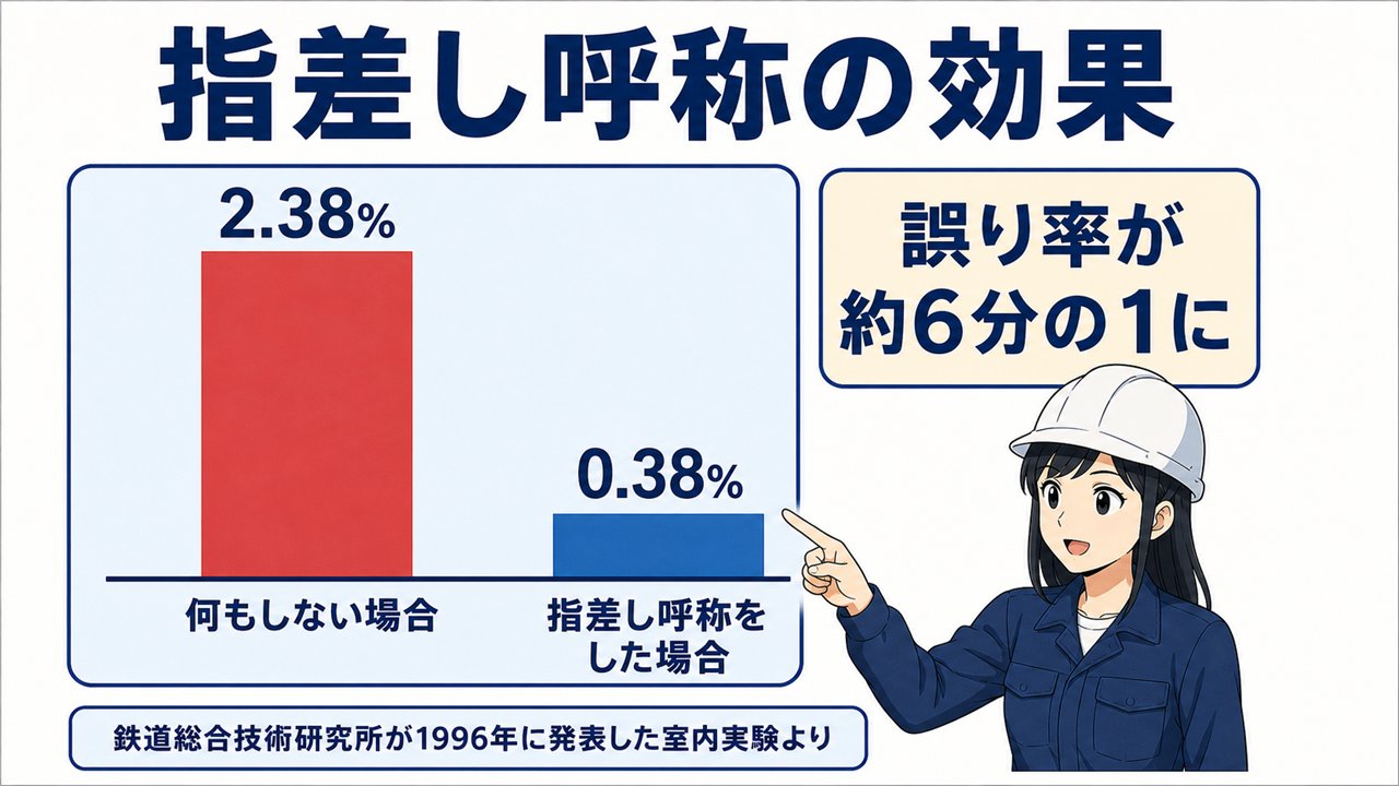 指差し呼称の効果の図解。何もしない場合の誤り率2.38%が、指差し呼称をした場合は0.38%と約6分の1に減った実験結果