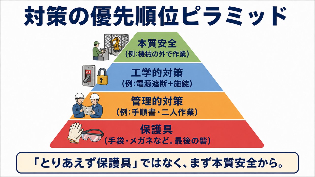 対策の優先順位ピラミッドの図解。本質安全、工学的対策、管理的対策、保護具の順に効果が高い。保護具は最後の砦