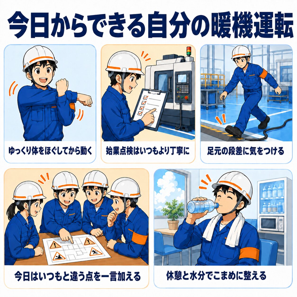 今日からできる自分の暖機運転の図解。体をほぐす・始業点検を丁寧に・足元に注意・変化点の共有・休憩と水分でこまめに整えるの5項目