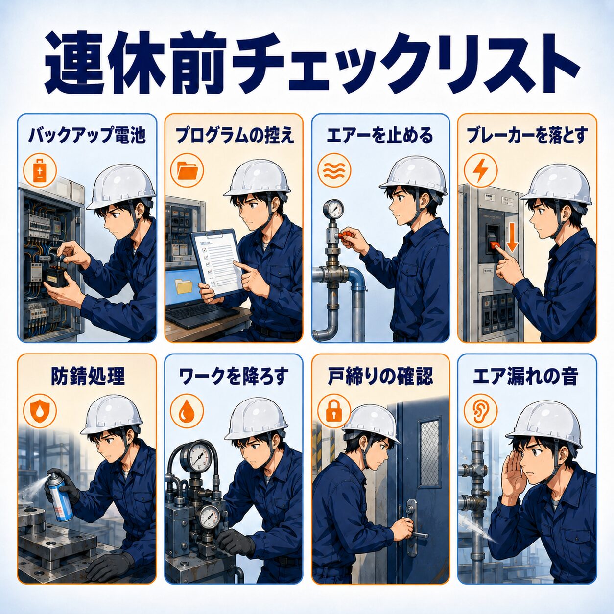 連休前チェックリストの図解。電源まわり(NCバックアップ電池・プログラム)、機械の眠らせ方(エアー断・ブレーカー断・コンセント抜き・防錆処理)、油圧機器(ワークを降ろす)、最後の見回り(戸締り・エアー漏れ確認)の4項目8ポイントをまとめたカード