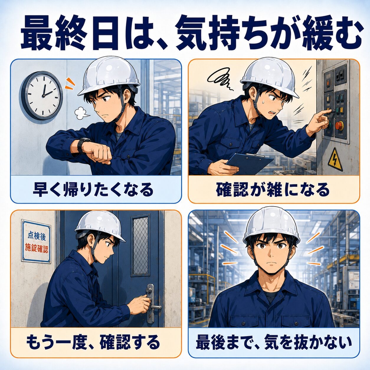最終日は気持ちが緩みがちというテーマの図解。連休前最終日に気を引き締めるための心構えをまとめた4つのポイントのカード