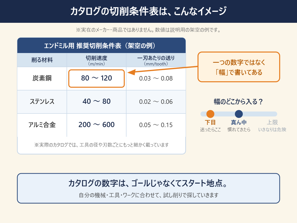 切削条件カタログの読み方(架空の例)。推奨切削速度は一つの数字ではなく幅で書かれている。迷ったら下目から、慣れてきたら真ん中から