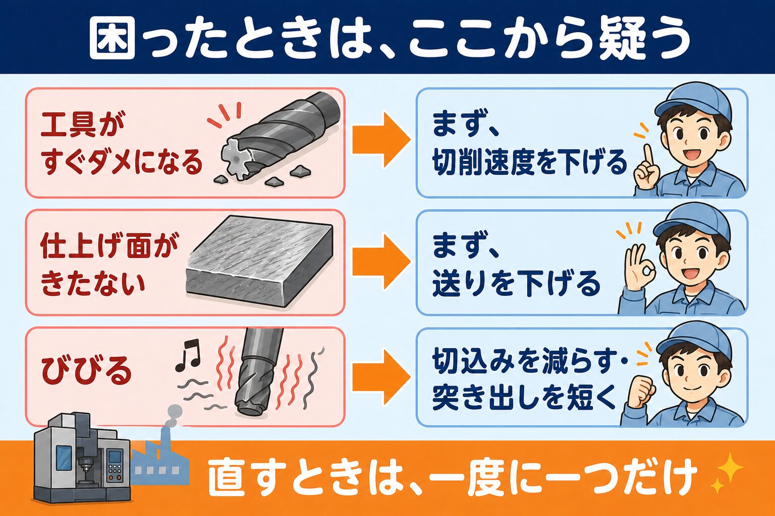 困ったときは、ここから疑う。工具がすぐダメになるなら切削速度を下げる、仕上げ面がきたないなら送りを下げる、びびるなら切込みを減らし突き出しを短く