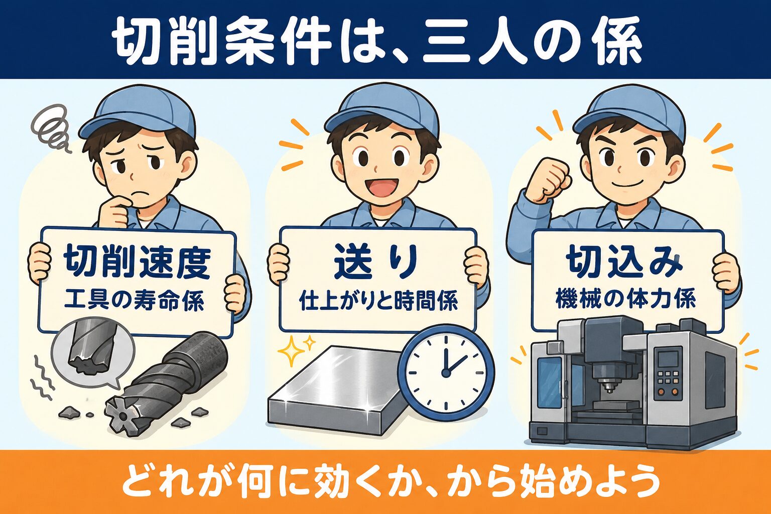 切削条件は三人の係。切削速度は工具の寿命係、送りは仕上がりと時間係、切込みは機械の体力係