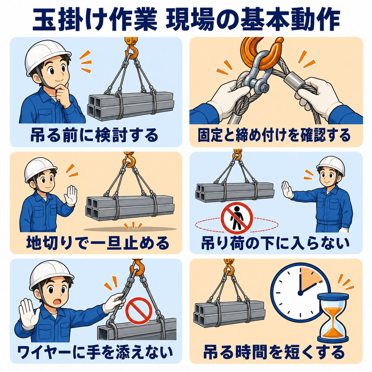 玉掛け作業の現場の基本動作6項目をまとめた図解。吊る前に検討する、固定と締め付けを確認する、地切りで一旦止める、吊り荷の下に入らない、ワイヤーに手を添えない、吊る時間を短くする