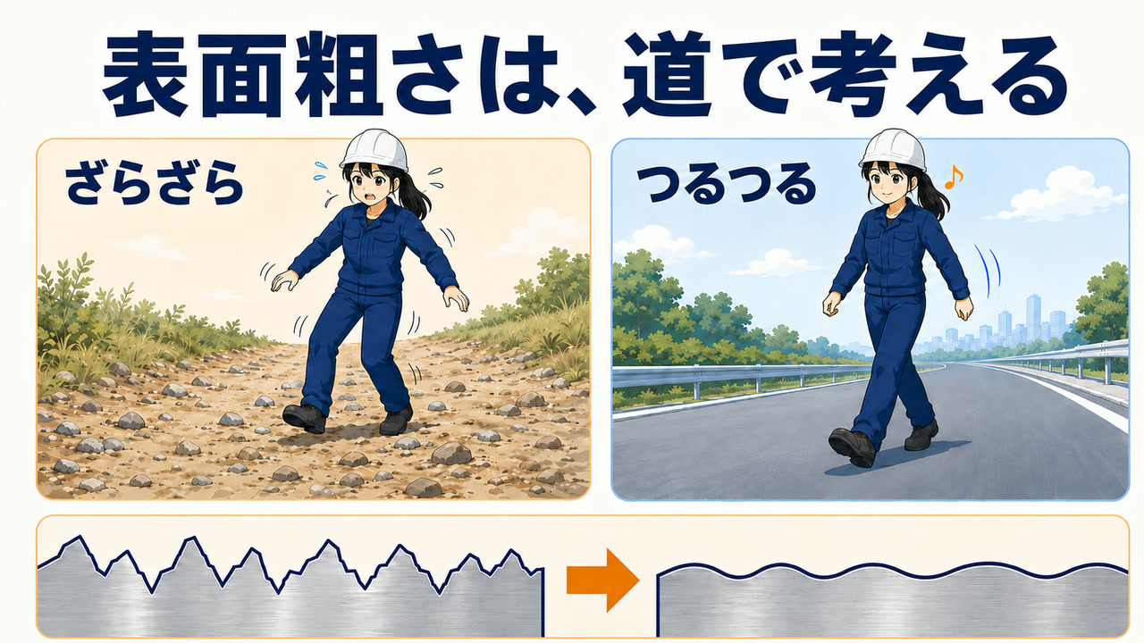 表面粗さのイメージ図解。砂利道と舗装路の対比で金属表面の山と谷を説明