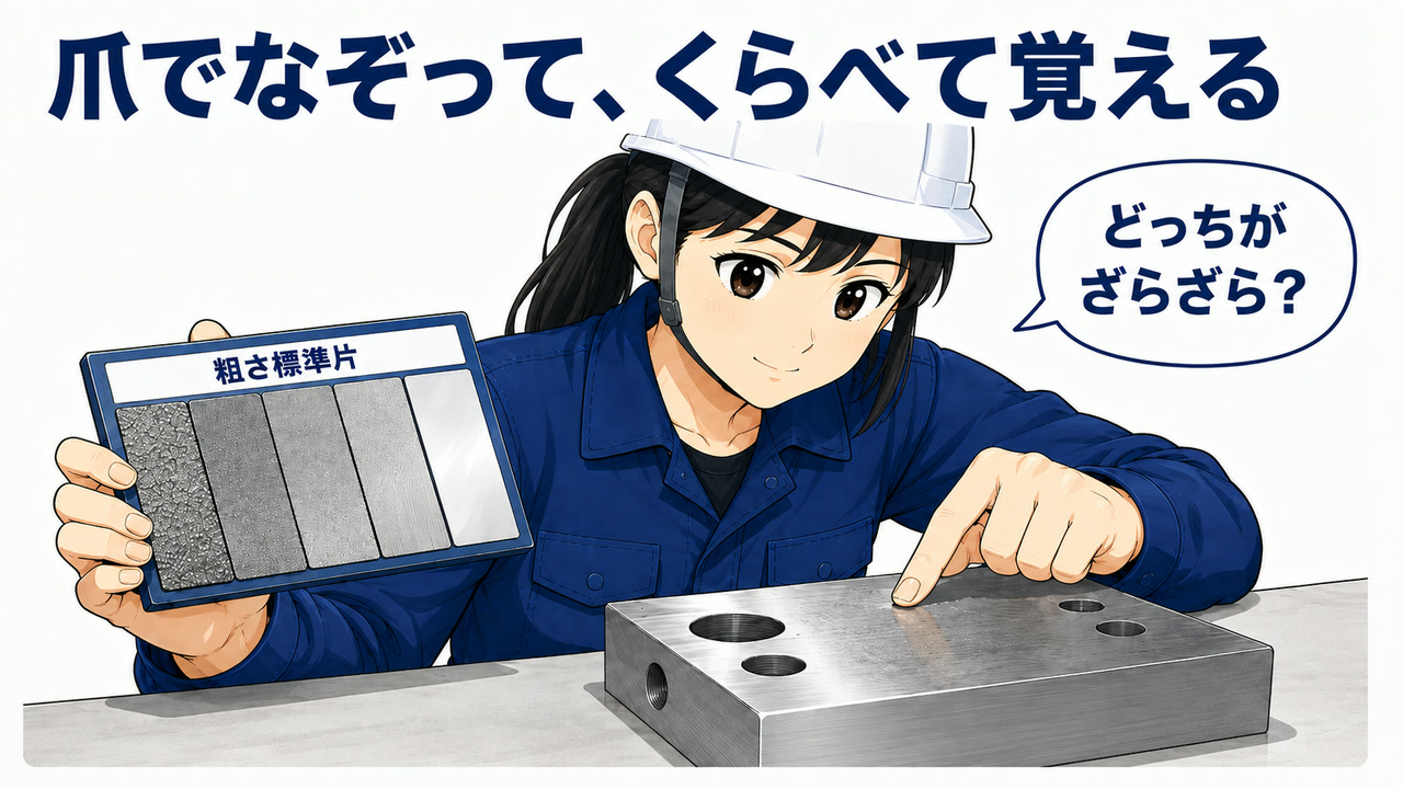粗さ標準片と加工面を爪でなぞって比べる場面の図解