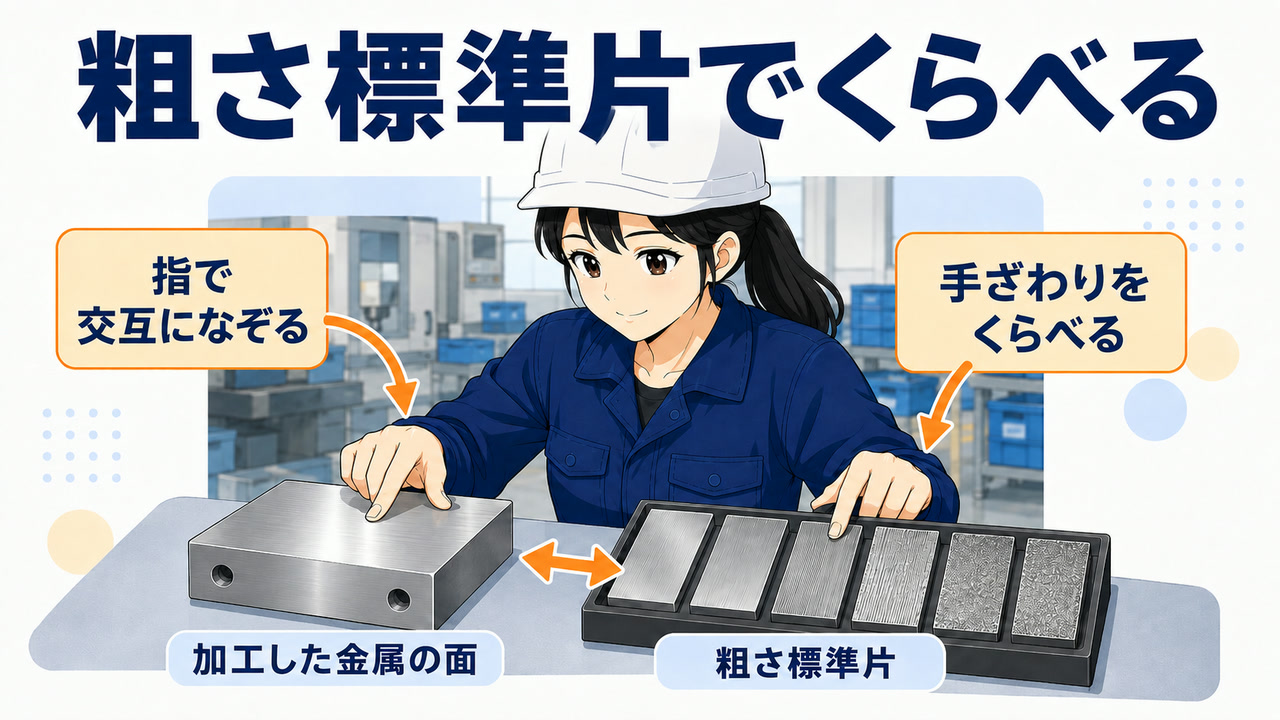 加工した金属の面と粗さ標準片を指で交互になぞって手ざわりを比べているイラスト。標準片が複数並んでいる