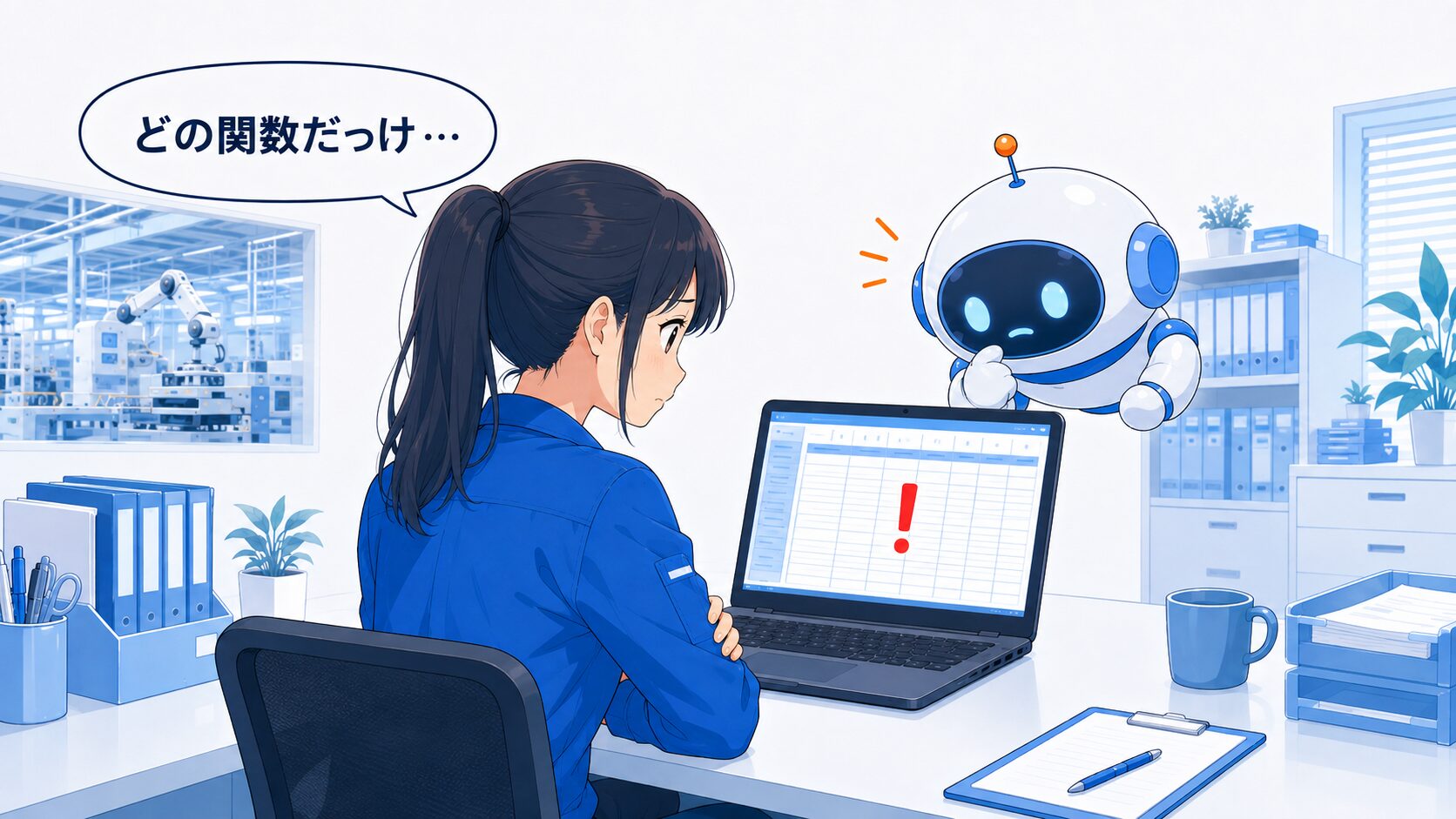 関数を組み合わせた式がエラーになり、どの関数だっけと悩む作業服の女性を肩越しに見た場面。画面にエラーマーク、そばにロボットの相棒。
