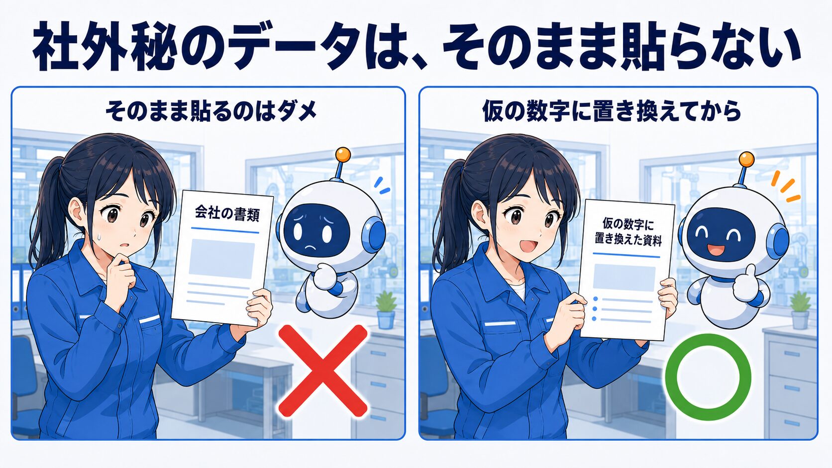 社外秘のデータはそのまま貼らない図解。会社の書類をそのまま見せるのはバツ。仮の数字に置き換えてからならマル。