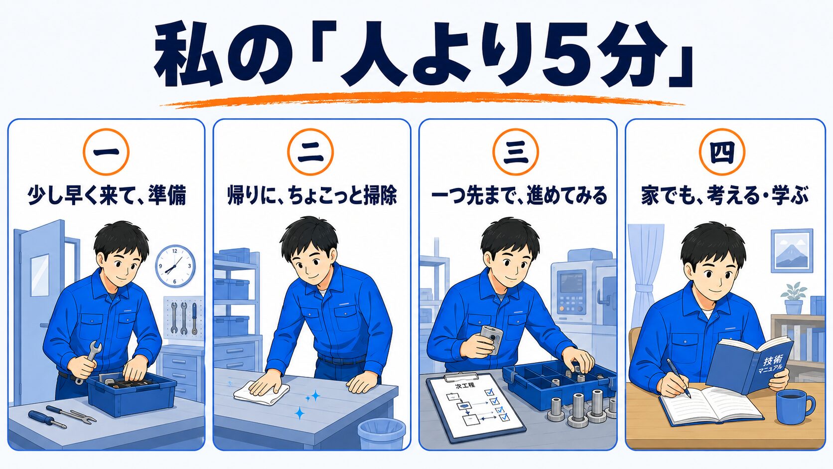 私の「人より5分」の実例。少し早く来て準備、帰りにちょこっと掃除、一つ先まで進めてみる、家でも考える・学ぶ