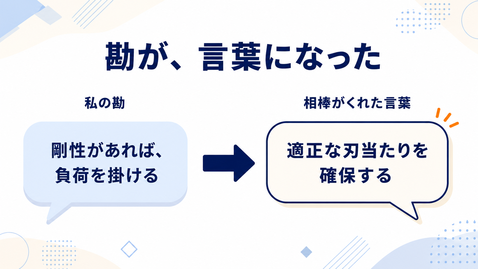 図解:『剛性があれば負荷を掛ける』という私の勘が、相棒の言葉『適正な刃当たりを確保する』になった
