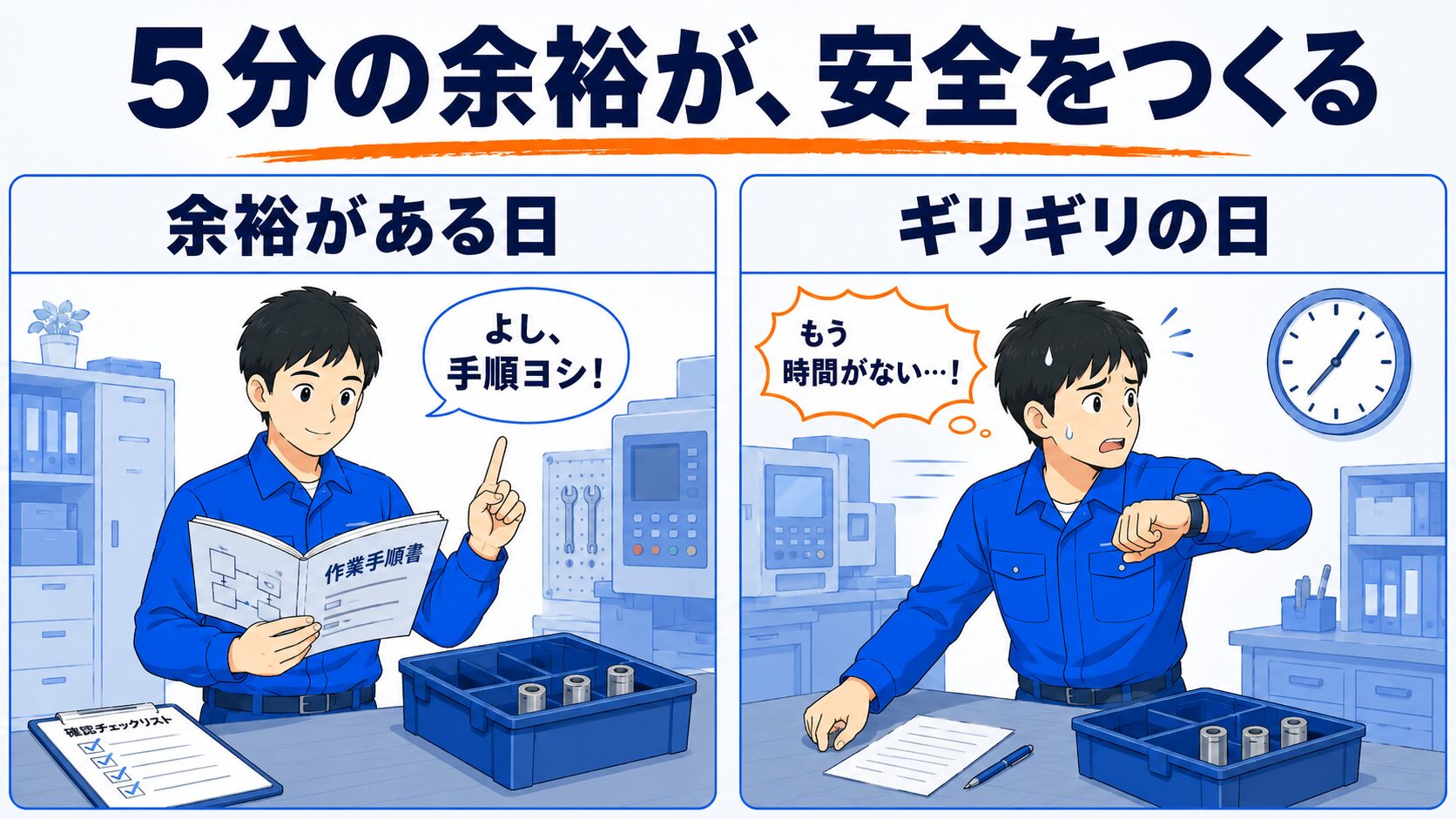 5分の余裕が安全をつくる対比図。余裕がある日は手順どおり確認でき、ギリギリの日は焦って近道したくなる